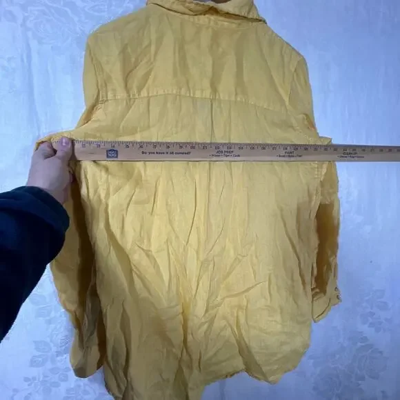 Sigrid Olsen Medium Button Up Shirt Yellow Linen Long Sleeve Roll Tab Boho - Picture 12 of 13